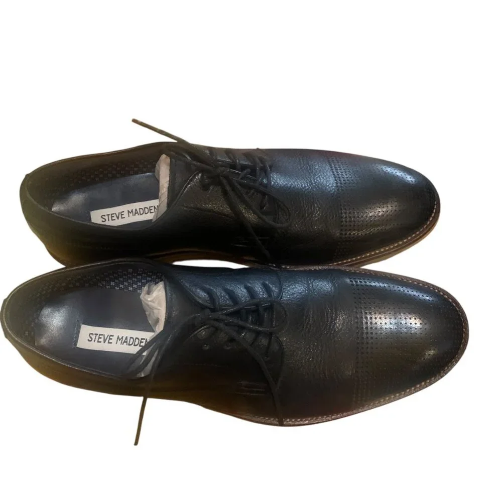 Steve Madden Mens Black Leather Oxfords With‎ Perforated Toe Detail Sz 9.5